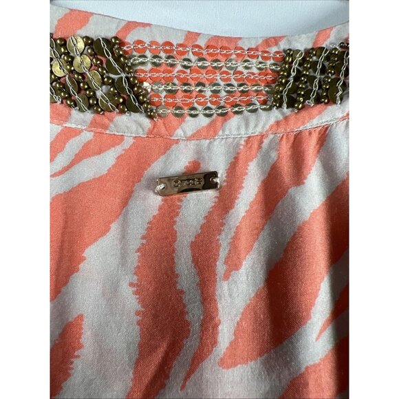 Chico's Womens Tunic Top Blouse Large Embellished Orange Animal Print Semi Sheer - Picture 9 of 10